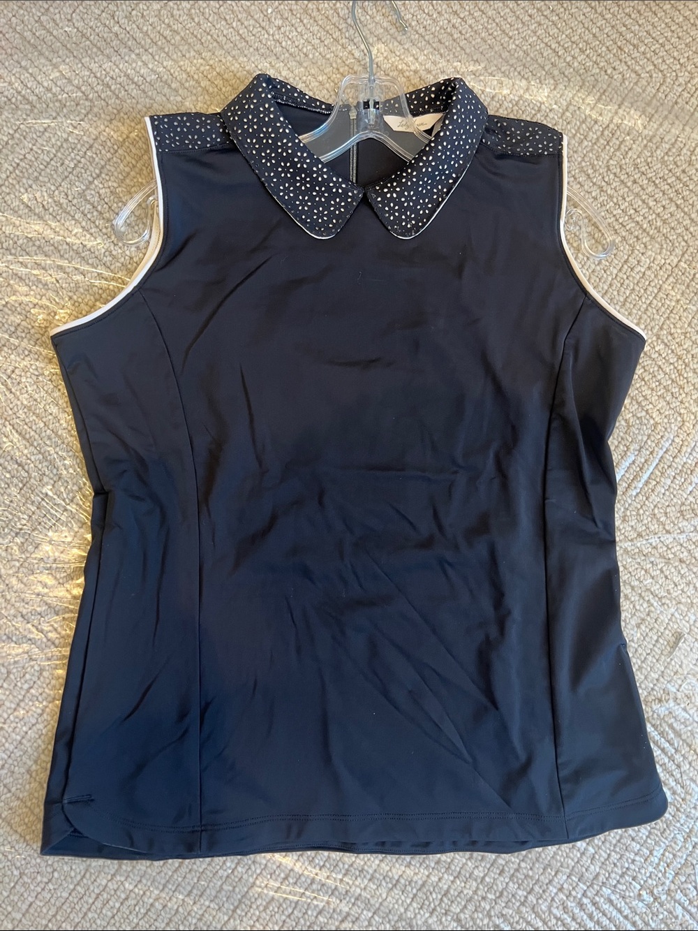 Lady Hagen Black Sleeveless Top with Laser Cut Peter Pan Collar